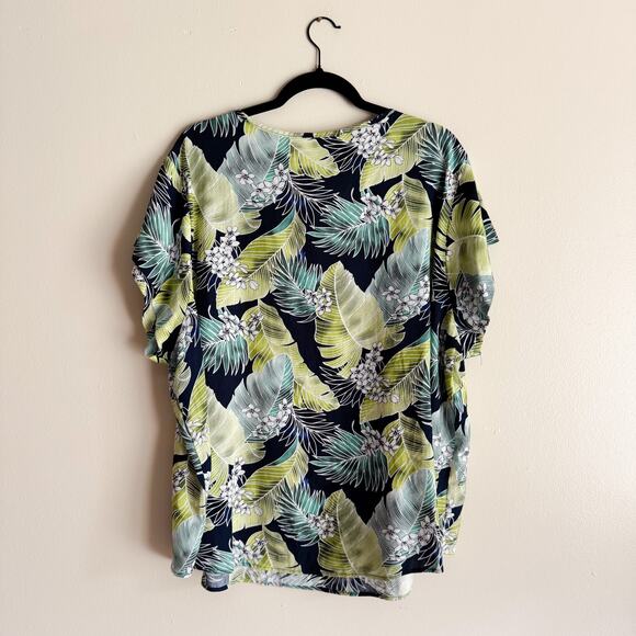 Panama Jack Blue + Green Palm Leaf Print V Neck Short Sleeve Top - 3X - Picture 6 of 7